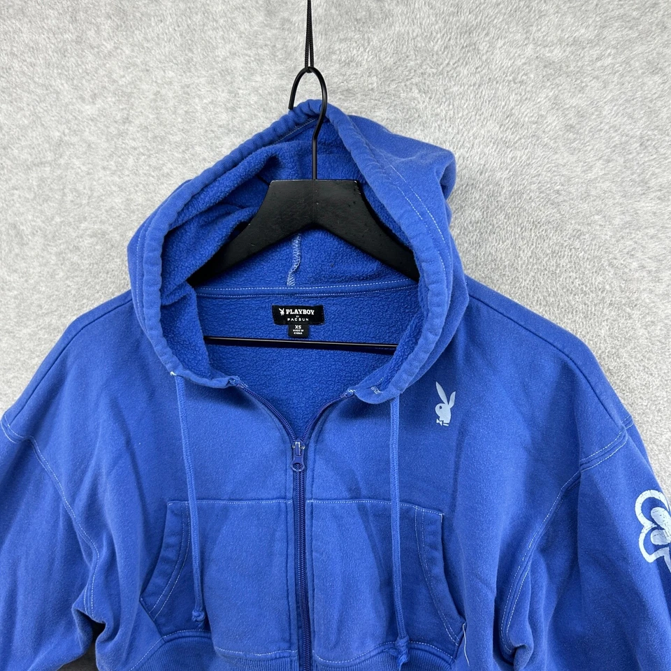 Playboy Hoodie Womens Size XS Blue Long Sleeve Pac Sun Cropped Full Zip - Image 4 of 4