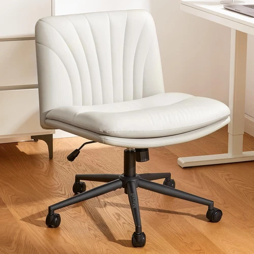 Armless-Office Desk Chair with Wheels: PU Leather Cross Legged Wide Chair,Comfor
