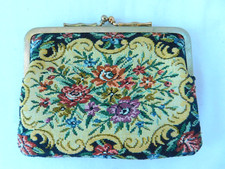Vintage Tapestry Clutch Purse Floral Double Kiss Lock Metal Frame Made in Japan