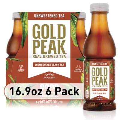 Gold Peak Real Brewed Tea Unsweetened, 16.9 fl oz, 6 Bottles