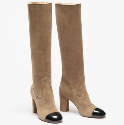 Chanel 24K Beige Suede Shearling Fur Black CC Logo Knee High Block