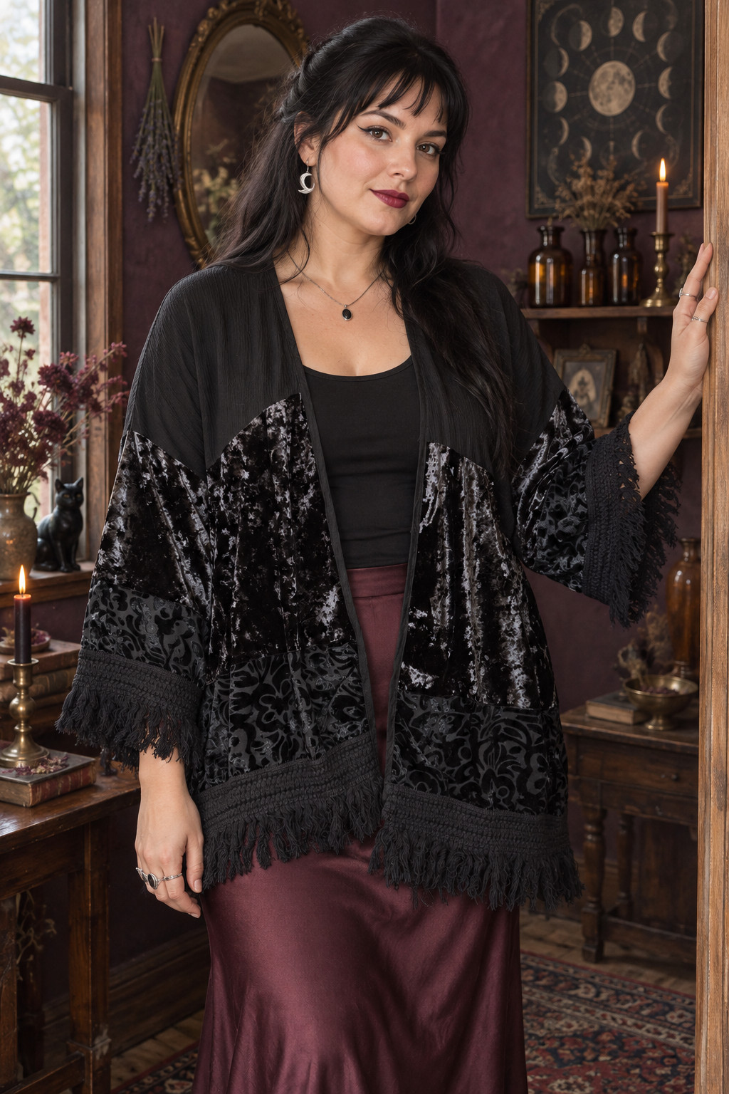 Velvet Burnout Fringe Kimono L Whimsigoth Fairy Grunge Dark Boho Knox Rose Goth