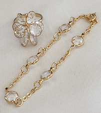 Vtg Gold Tone 7.5" Bracelet  Adj Ring w/Octagon Cut Crystals in Round Settings