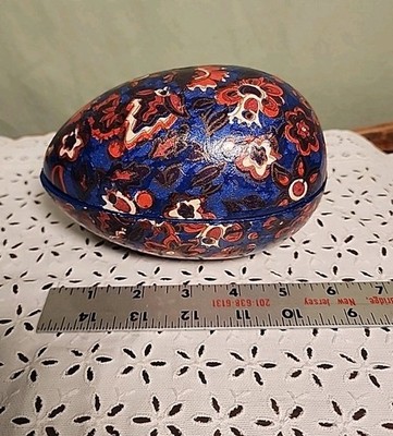 Vtg Papier-mache? Egg Shaped Trinket Box Royal Blue With Red Floral 6in X 3.5in