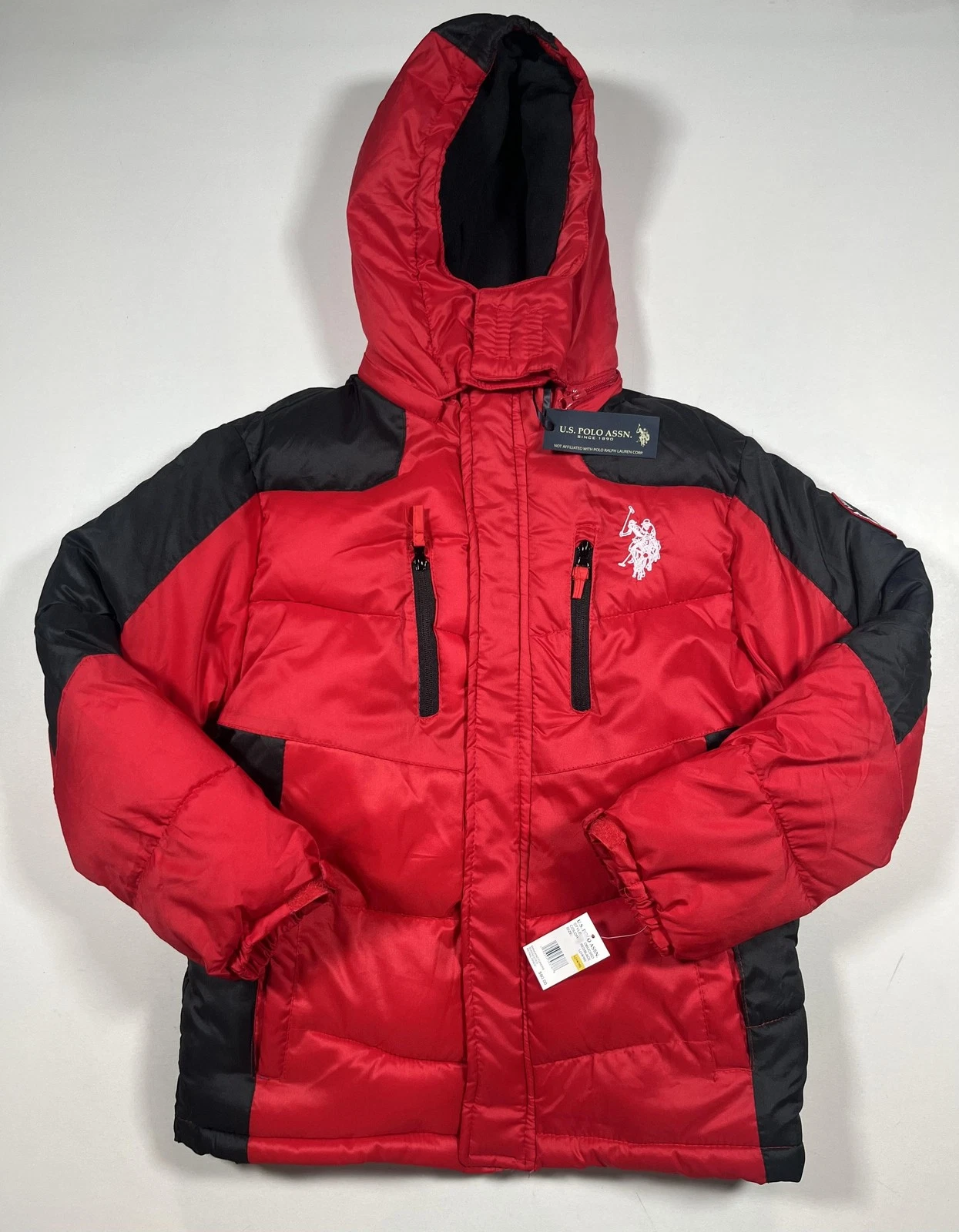 U.S. Polo Assn Jacket Youth Large 14/16 Red Black Hooded Puffer Fleece Winter