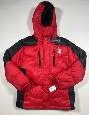 U.S. Polo Assn Jacket Youth Large 14/16 Red Black Hooded Puffer Fleece Winter