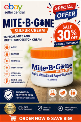 Mite-B-Gone 10% Sulfur Cream Relief from Mites, Insect Bites, Acne, Fungus  NEW