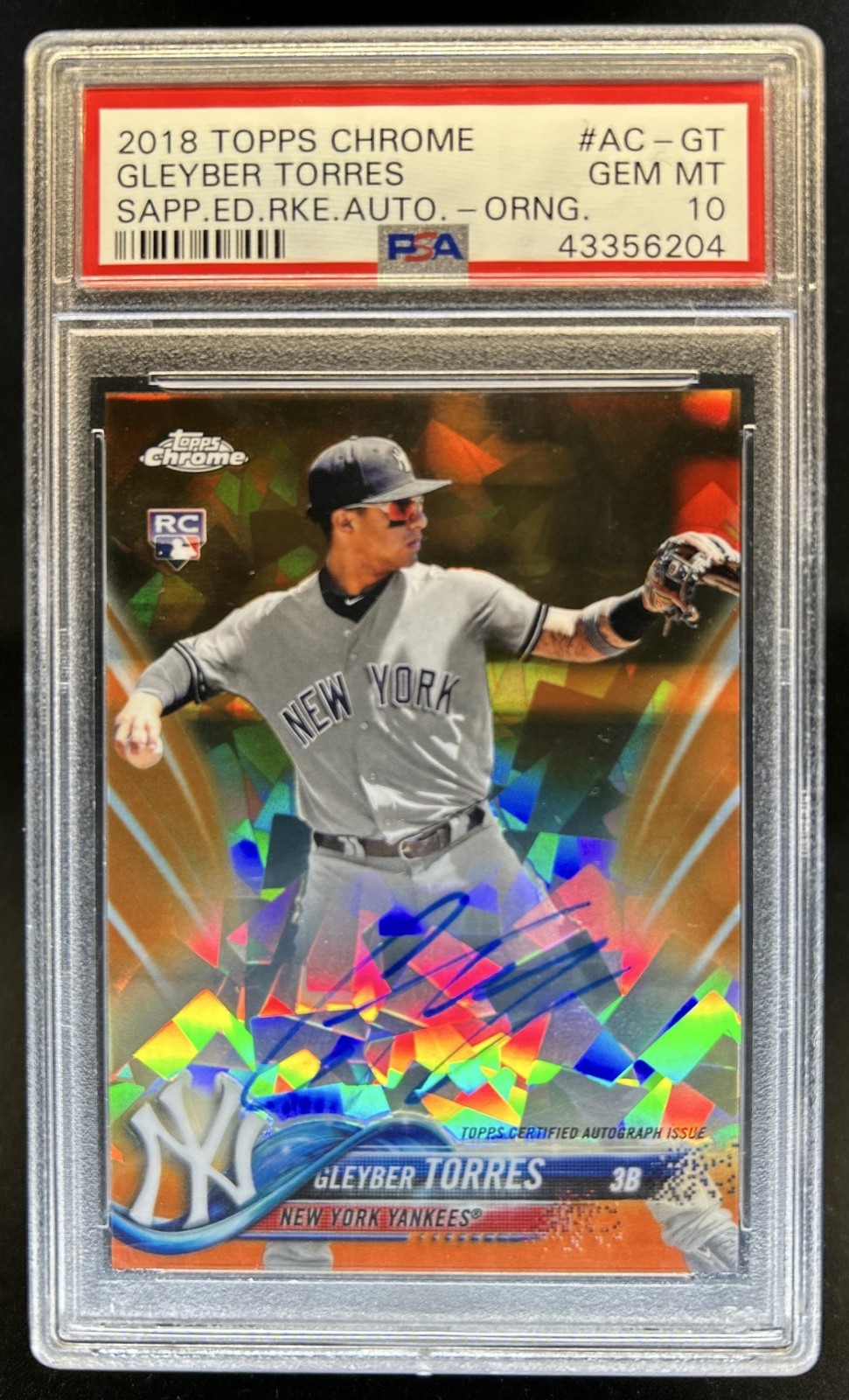 2018 Topps Chrome Sapphire Gleyber Torres RC Auto Refractor Orange #/25 PSA 10