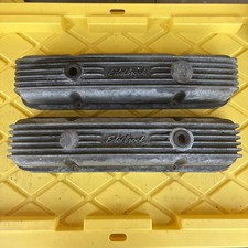 Vintage Edelbrock Curved Script Finned Valve Covers Sbc Chevy Chevrolet