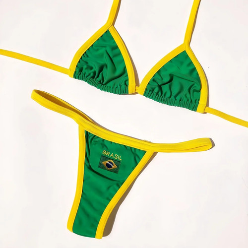 Brazil Flag Bikini Set Thong Tie Side Triangle Swimsuit Y2K Beach Womens S-XXXL