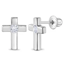 Classic CZ Cross Baby / Toddler / Kids Earrings Screw Back - Sterling Silver