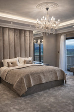 Image of Luxury Modern Line Panelled High Headboard Ottoman Bed Frame Gas Lift Storage