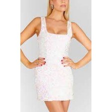 Show Me Your Mumu Womens White Iridescent Sequin Mini Dress Square Neck Small