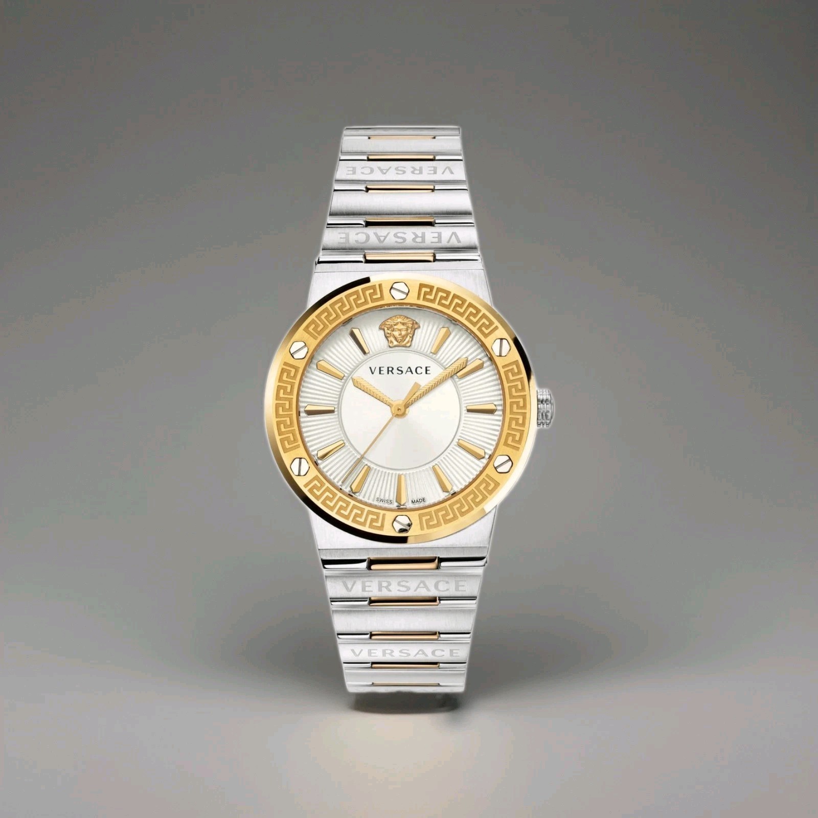 Versace Greca Logo VEVH00620 Women's Quartz Watch Two Tone silver gold white New