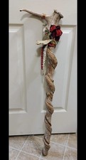 Vintage Walking Stick Cane Twisted Wood Vine Antler, Skulls, Crosses