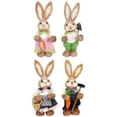 4 Stück Stroh Ostern Hase Ornament Hase Skulpturen mit Kleidung Kunst Outdoor