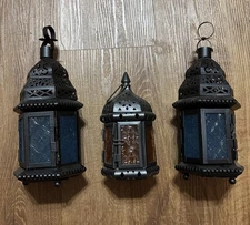 Moroccan Style Blue Orange 3 Glass Lantern Metal Filigree Embossed Glass