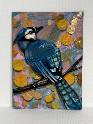 Speak True -Original ACEO Miniature Painting 2.5x3.5  Intention Art - Blue Jay