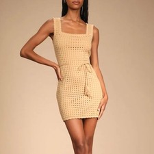 NWT Lulu's Tan Knit Lined Camel Knit Crochet Sweater Dress w/ Belt Sz L