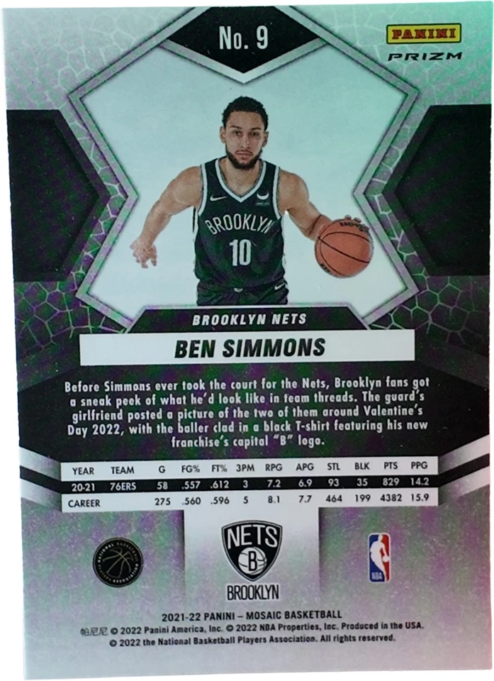 2021-22 Panini Mosaic - Ben Simmons #9 Fast Break Prizm Silver Disco Holo - Image 2 of 2
