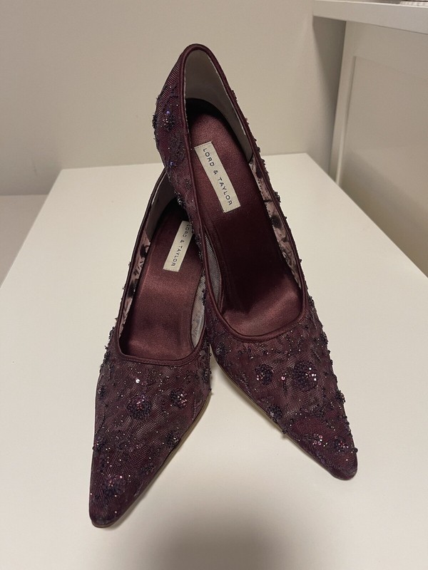 MOTHER OF THE BRIDE NINA BEADED WINE COLOR MESH SHOES SIZE  8.5 HEELS 3.5 INCHES