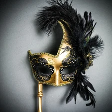 Venetian Elegance Side Feather Masquerade Women Mask in GOLD Black w/ Stick