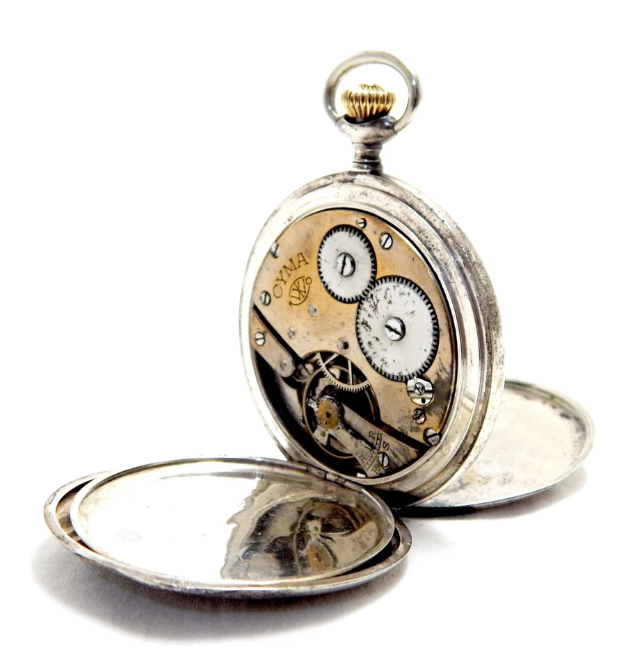 Movimiento Hunte de bolsillo ESCASANY esfera Cyma porcelana plata 52 mm 1910c funcionando Foto 4 de 4