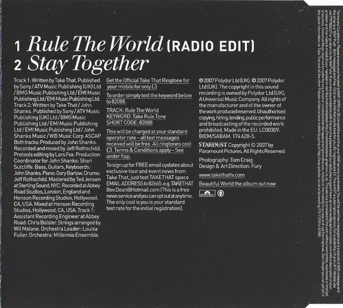 (63) Take That – 'Rule The World'- Rare UK Soundtrack CD Single-Stardust- New - Picture 2 of 3