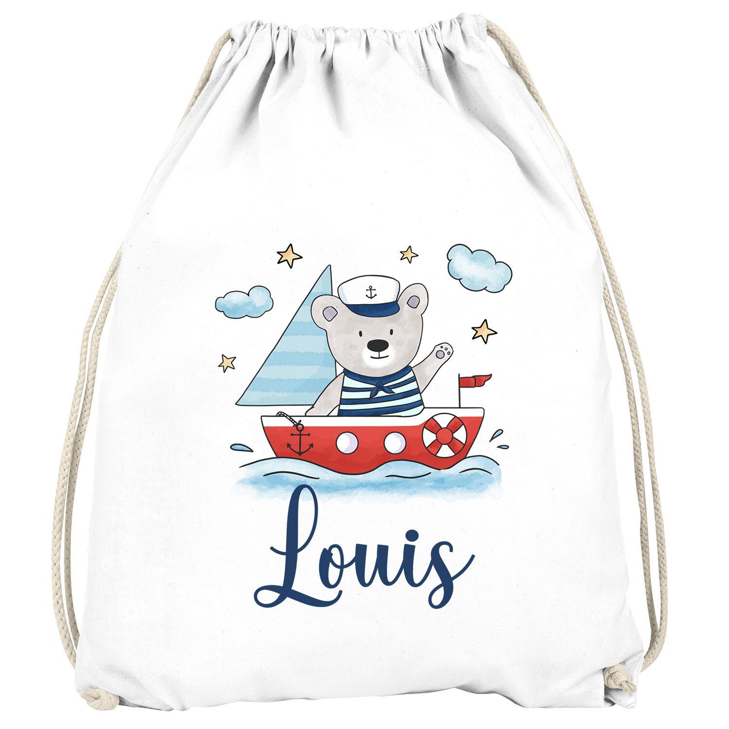 Kinder Turnbeutel mit Name Bär Boot Segelboot Aufdruck Motiv personalisierte