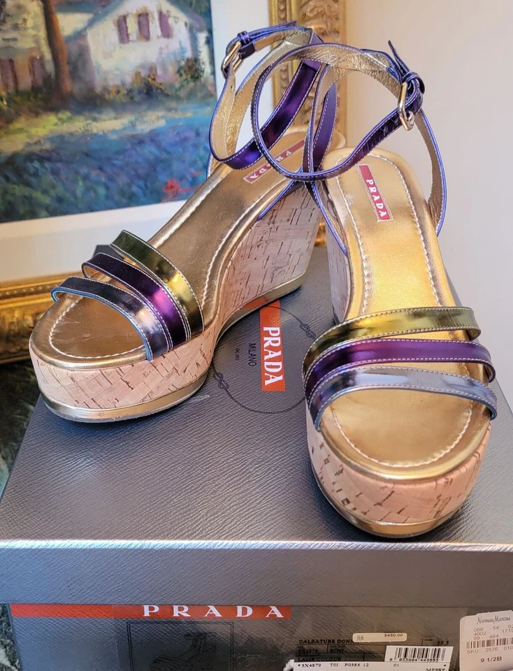 $480 SANDALIAS PRADA CUERO CUÑA TACÓN PLATAFORMA CORCHO CORREA AL TOBILLO 9.5 PÚRPURA ¡EXCL! Foto 3 de 4