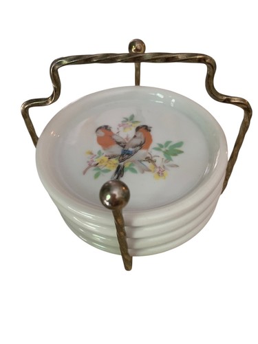 Vintage Interpur Porcelain Floral & Bird Coasters Brass Holder Kitschy Patina 4
