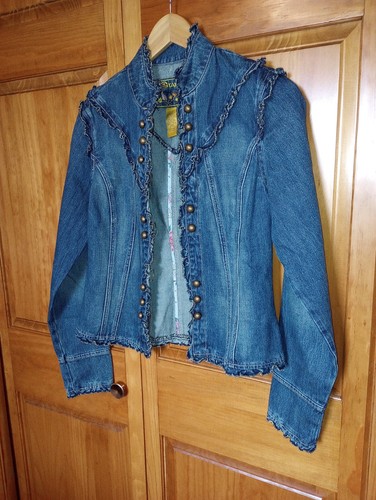 Denim Jacket ruffle trim big clasps Womens Med. Boho IRL measures below Unlined - Picture 15 of 20