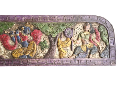 Vintage Hand Carved Sitting Krishna Fluting Headboard Wall Decor Wall Hanging  - Picture 3 of 3
