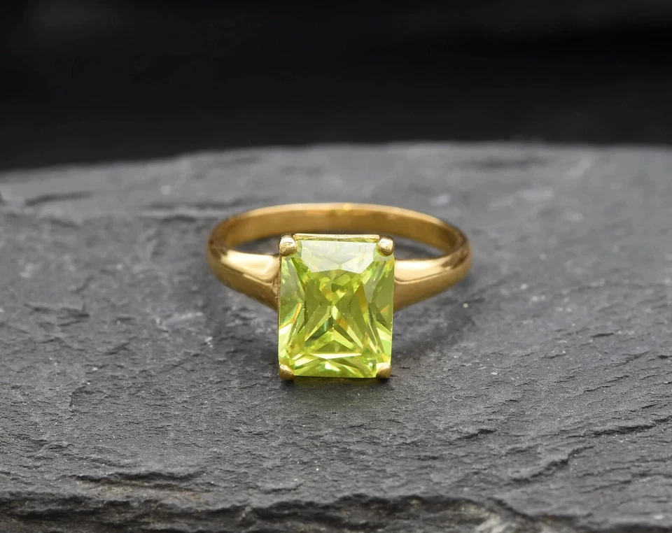 Emerald Cut 3.00ct Natural Peridot Diamond Engagement Ring 14K Yellow Gold 6 - Image 2 of 4