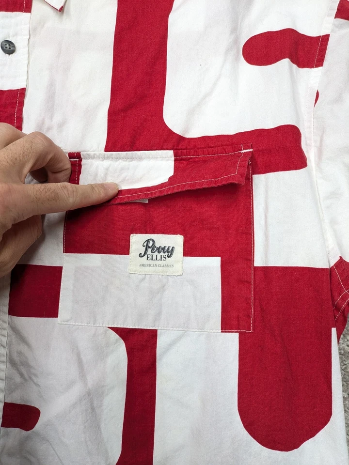 VINTAGE Perry Ellis Shirt Men Large All Over Print Button Abstract 90s Red White - Image 4 of 4