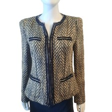 BASLER BL Collarless Zipper Front Herringbone Tweed Blazer Sz 6 Grey/Tan/Blk