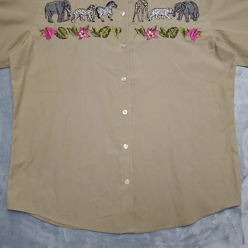 Karen Scott Shirt Women M Brown African Safari Animals Embroidered Cottage Core - Image 2 of 4