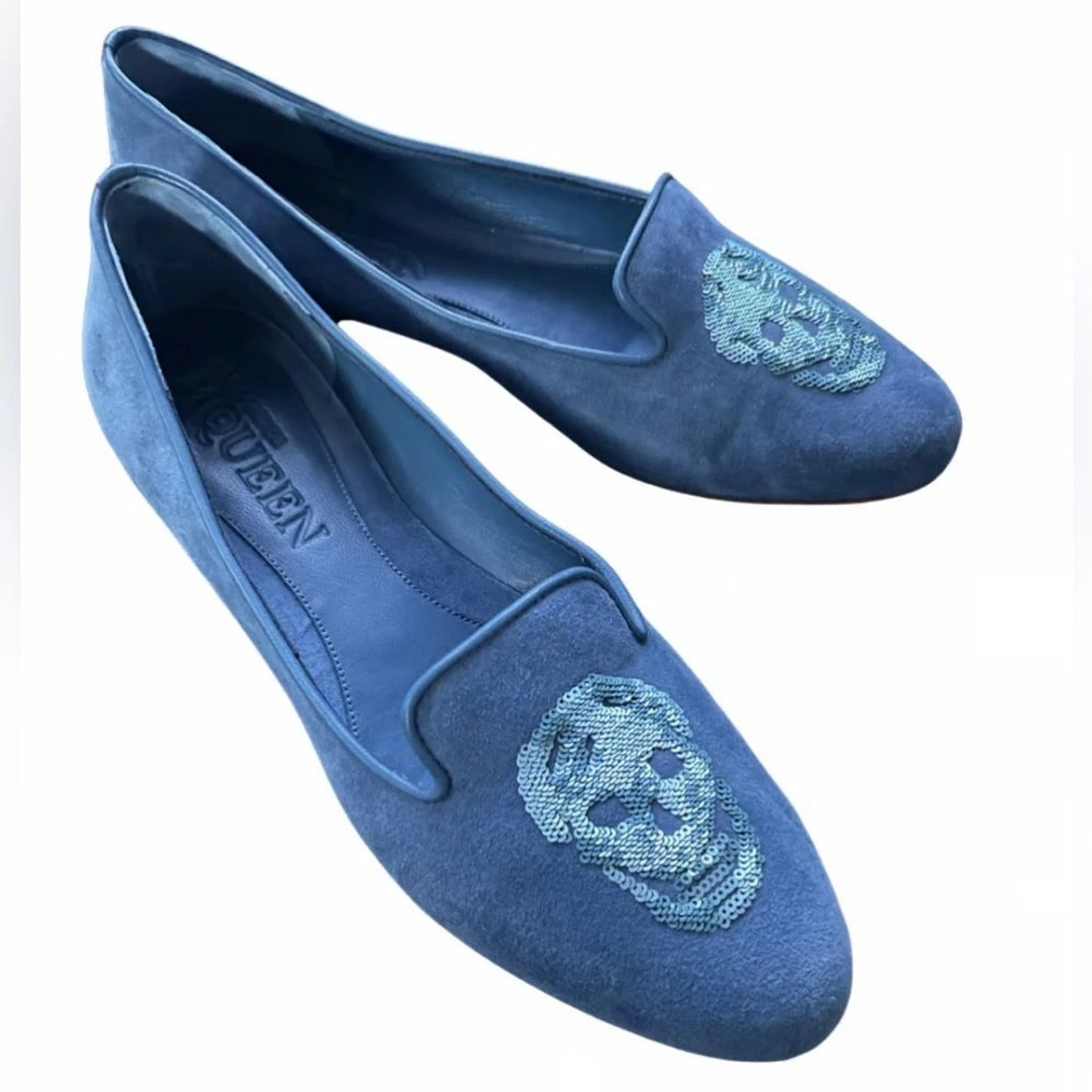 Mocassino Alexander McQueen Paillettes Ricamato Teschio Fumo Blu Cadetto