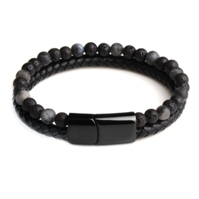 Leder armband mit Lavastein UNISEX 22cm