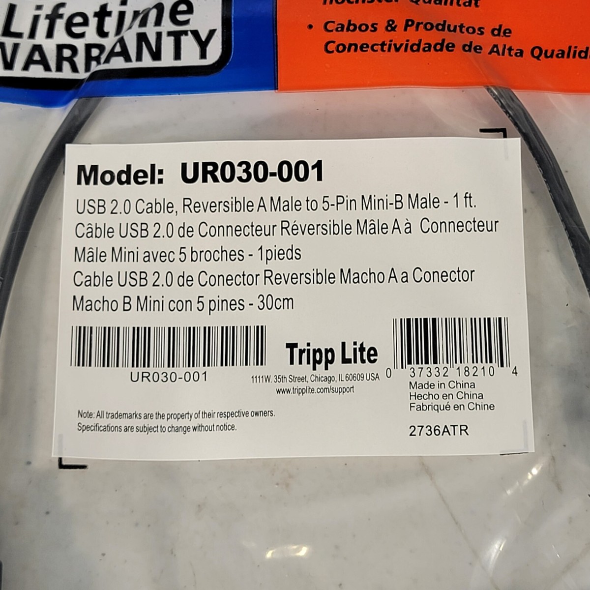 Tripp-Lite UR030-001 USB 2.0 Cable Reversible Male A To 5-Pin Mini 