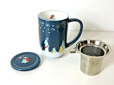 Davids Tea The Nordic Mug Penguin Tea Party Navy/Gold Tea Mug With Lid 16oz