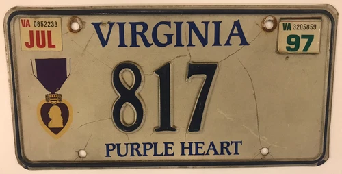 PURPLE HEART Combat Wounded license plate military WW2 Army Vietnam War low #817