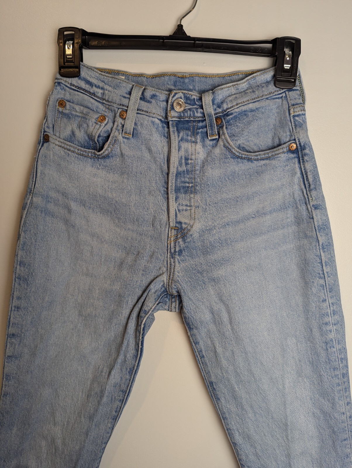 Levi's 501 Womens Button Fly Skinny Distressed High Rise Blue Denim Jeans 25x28 thumbnail 2