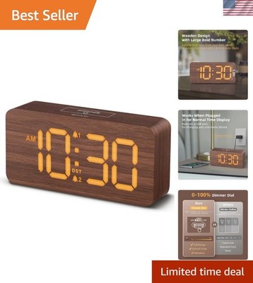 Elegant Wooden Digital Alarm Clock - 0-100% Dimmable Display & Loud Dual Alarm