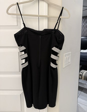 Black Sweetheart Bodycon Mini Dress Rhinestone Side Cutout Strappy S Zip