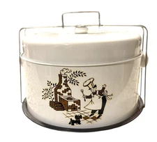Vintage 4 Piece Metal Cake Pie Carrier Keeper Chef BBQ Design Ivory & Brown.