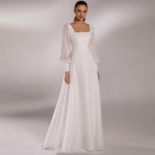 Simple Wedding Dress Beach Puff Sleeves Square Train Chiffon Corset Bridal Gowns
