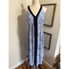 Cameron Marc Valvo Blue White Print Dress Sleeveless Fit Flare 14 Preppy Coastal