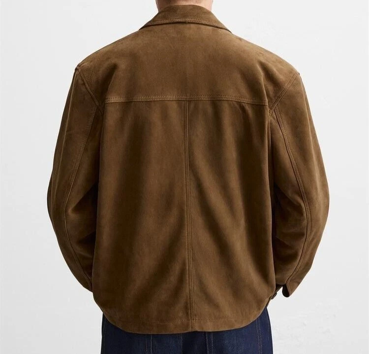 Men Brown Pure Suede Leather Jacket Slim Fit Trucker Jacket Custom Size S M L XL - Image 2 of 3