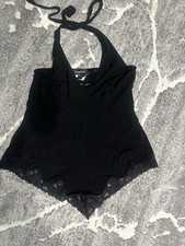 bebe Black Solid Halter Bodysuit One Piece Lace Trim Strap Accents Size M